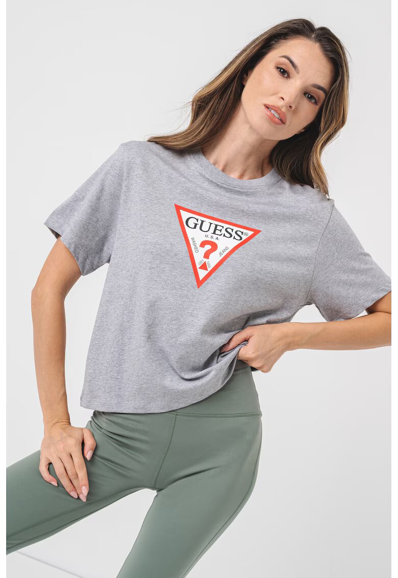 GUESS JEANS Tricou lejer din bumbac organic cu imprimeu logo pe piept - Rosu/Alb/Gri melange