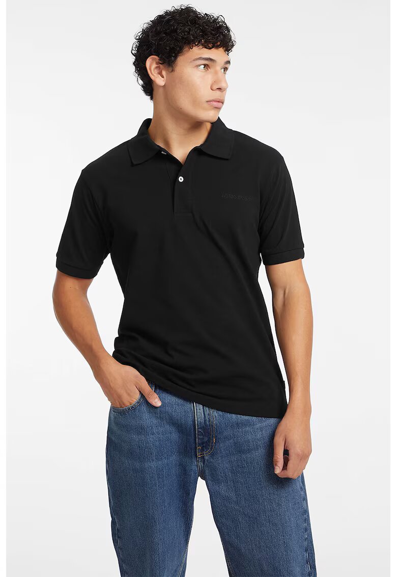 GUESS JEANS Tricou polo din bumbac cu model uni - Negru