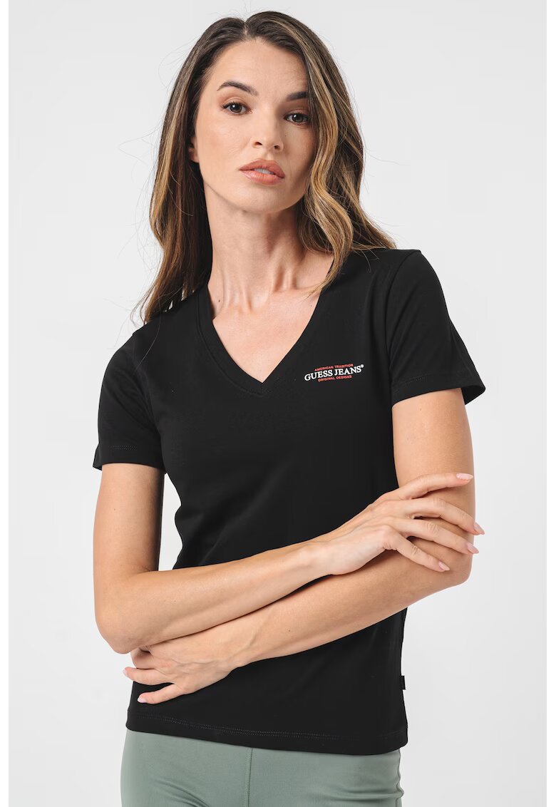 GUESS JEANS Tricou slim fit cu decolteu in V - Negru