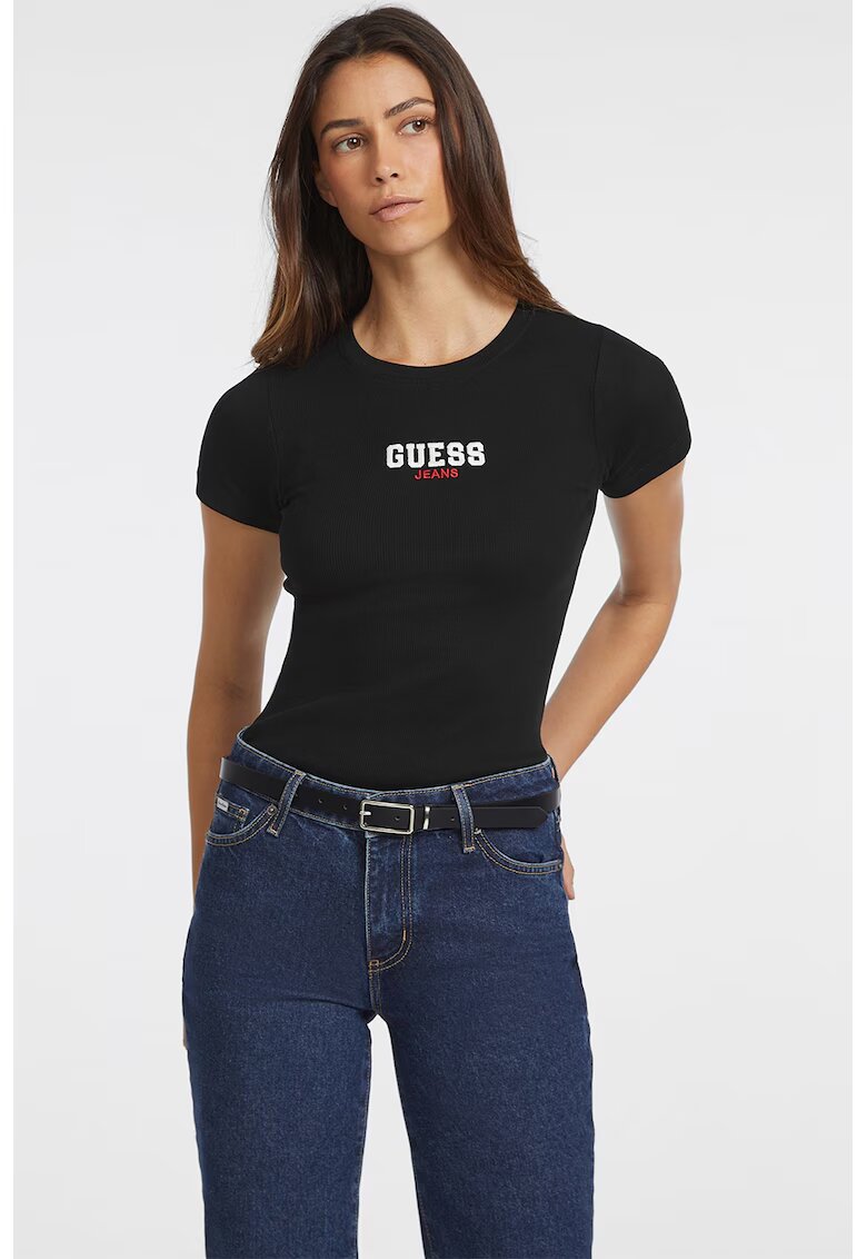 GUESS JEANS Tricou slim fit cu decolteu la baza gatului - Negru