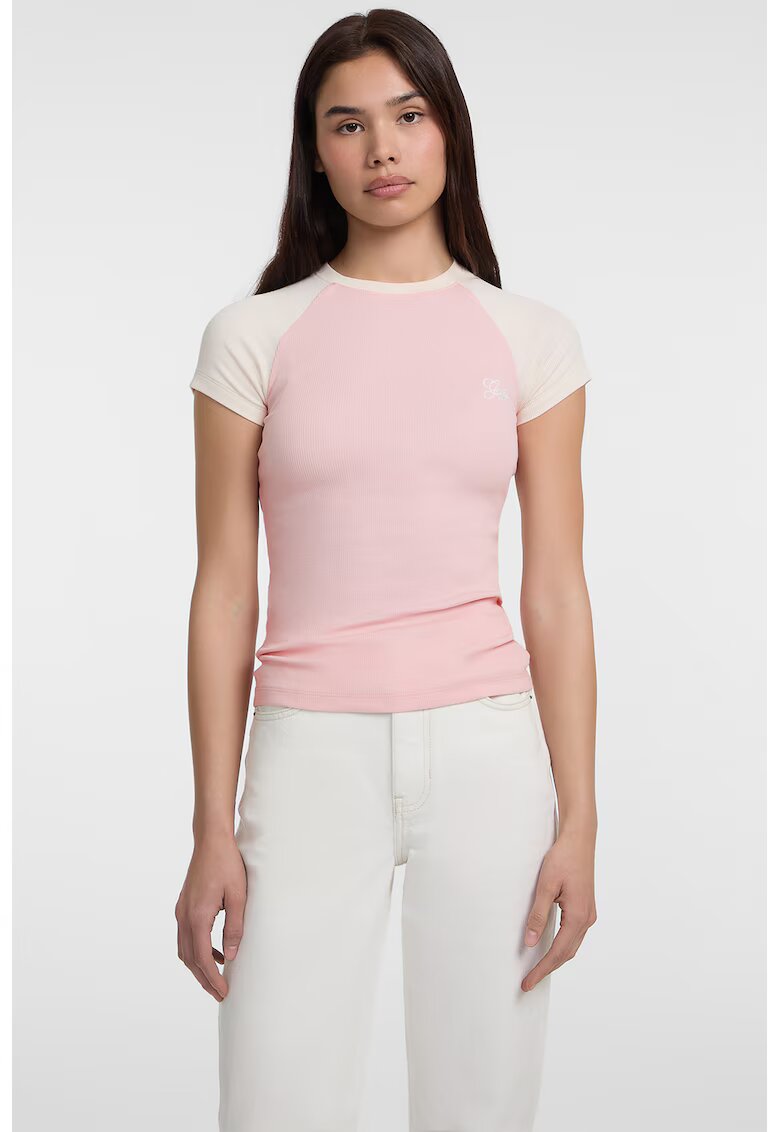 GUESS JEANS Tricou uni din amestec de bumbac - Roz deschis