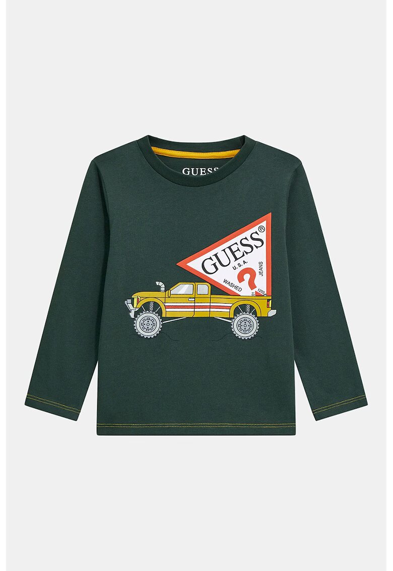 GUESS KIDS Bluza cu decolteu la baza gatului si imprimeu logo - Galben sofran/Verde englez/Alb optic