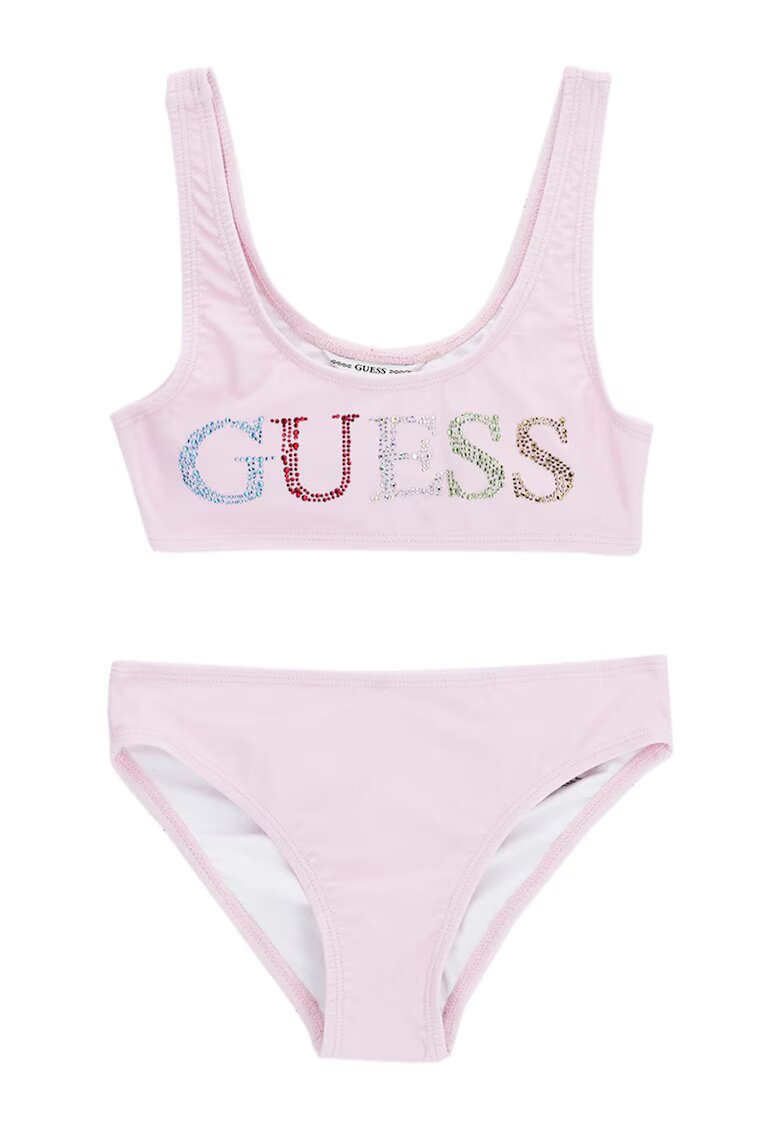 GUESS KIDS Costum de baie in doua piese cu logo cu strasuri - Roz pal