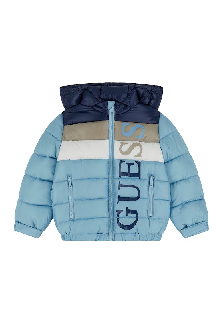 GUESS KIDS Geaca cu vatelina - imprimeu logo si gluga - Albastru inchis/Albastru glaciar/Bej deschis