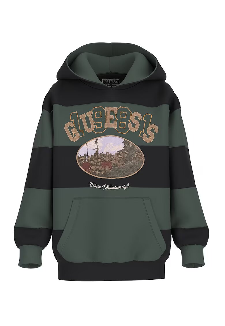 GUESS KIDS Hanorac cu buzunar kangaroo - imprimeu grafic si model in dungi - Negru/Verde padure