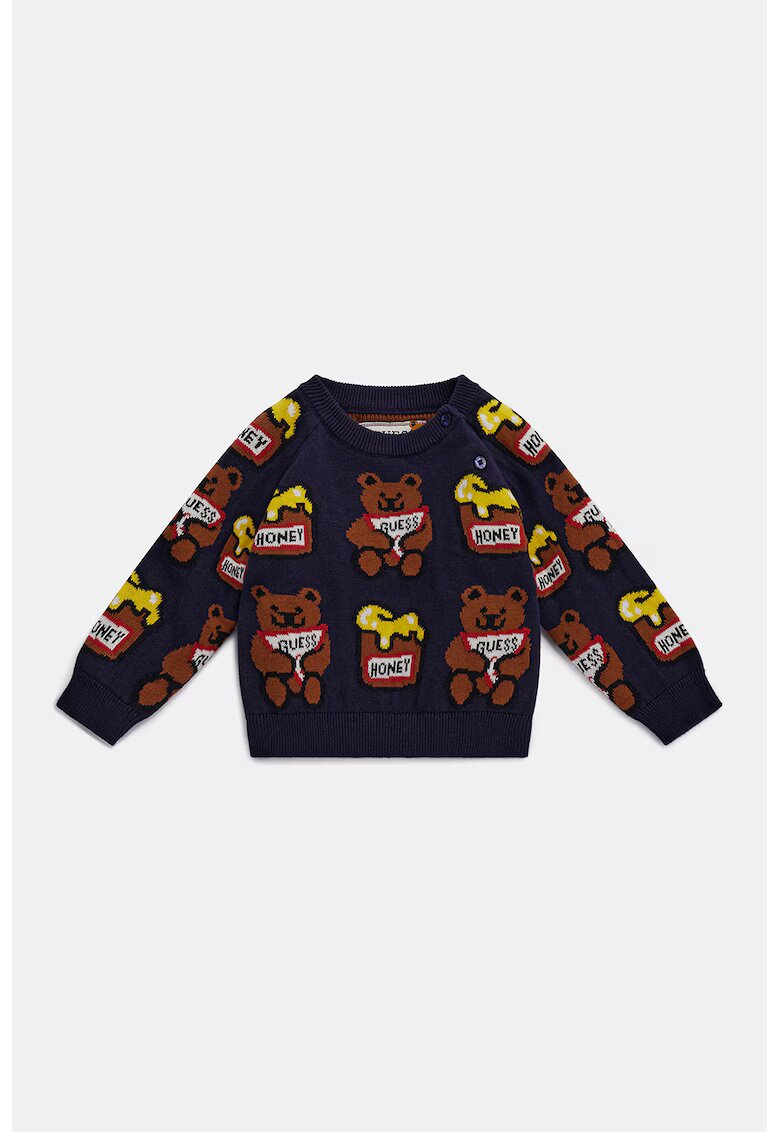 GUESS KIDS Pulover cu decolteu la baza gatului si imprimeu - Maro/Albastru ultramarin/Galben sofran