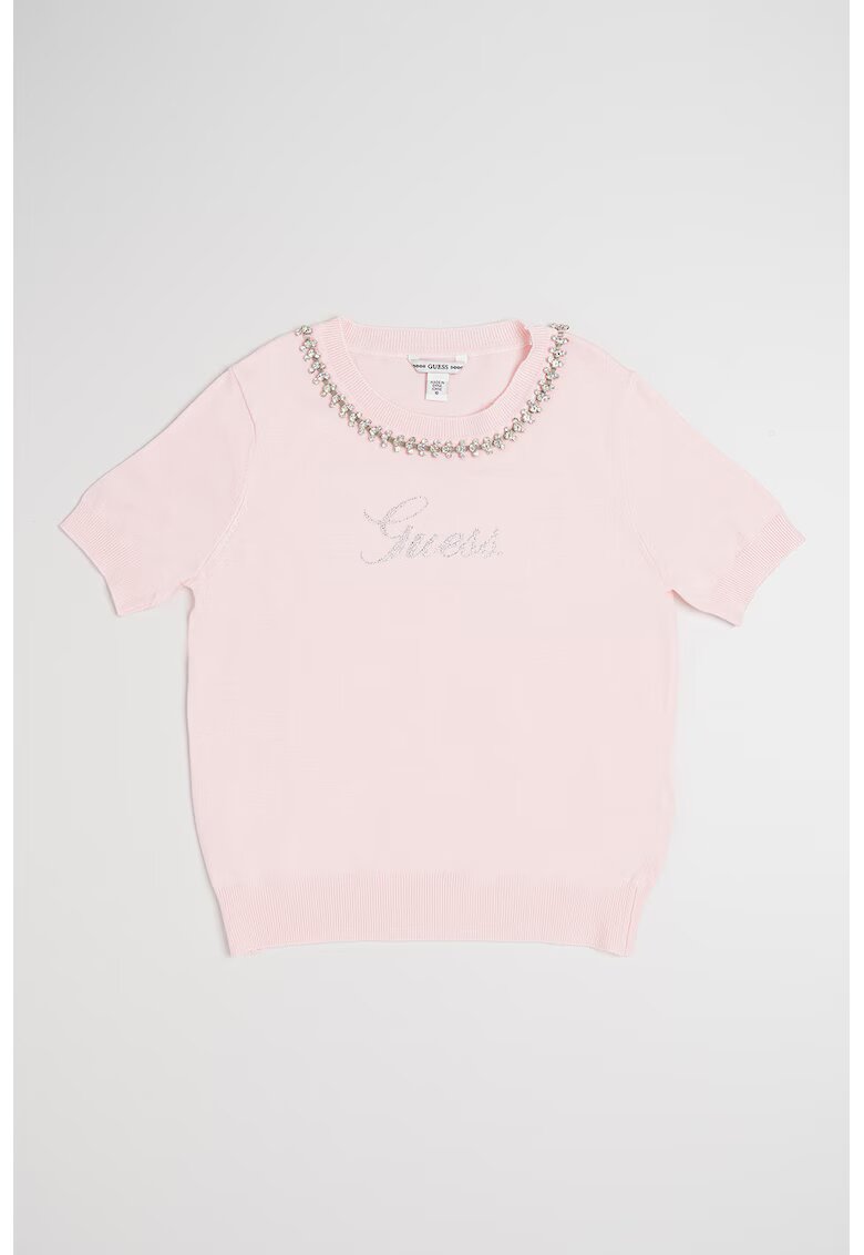 GUESS KIDS Pulover cu logo din strasuri si maneci scurte - Roz pal