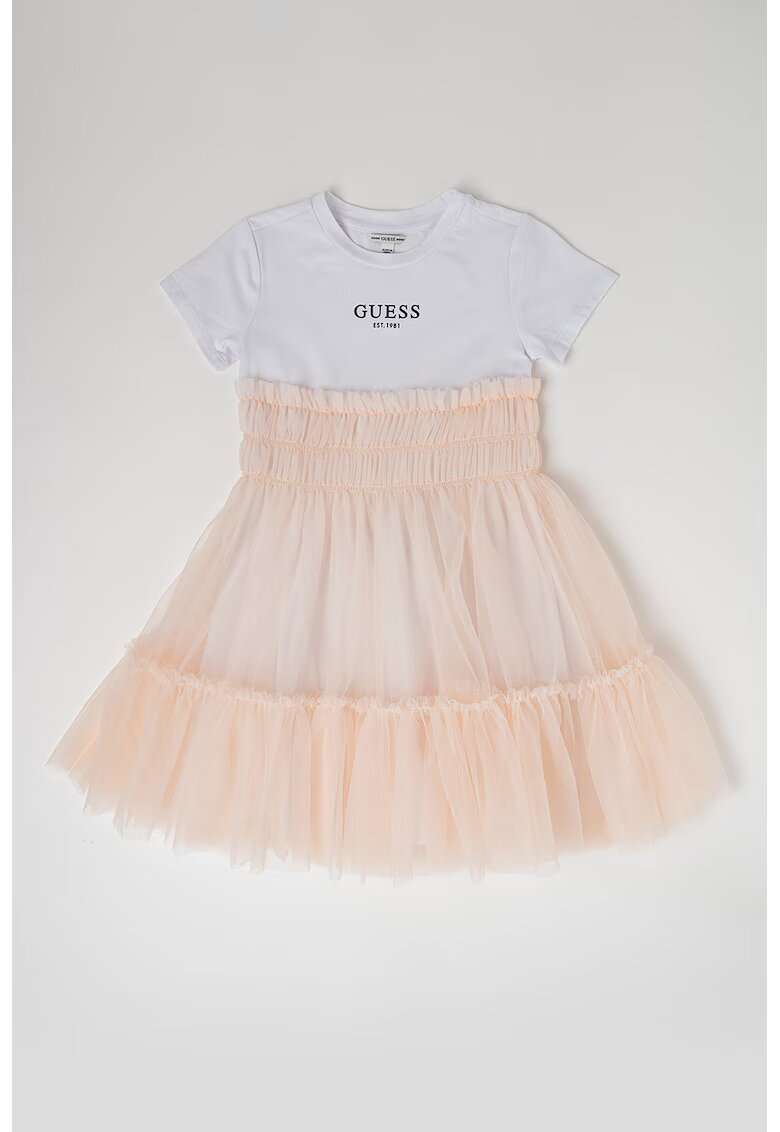 GUESS KIDS Rochie cu decolteu la baza gatului si aplicatii din tul - Piersica/Alb optic