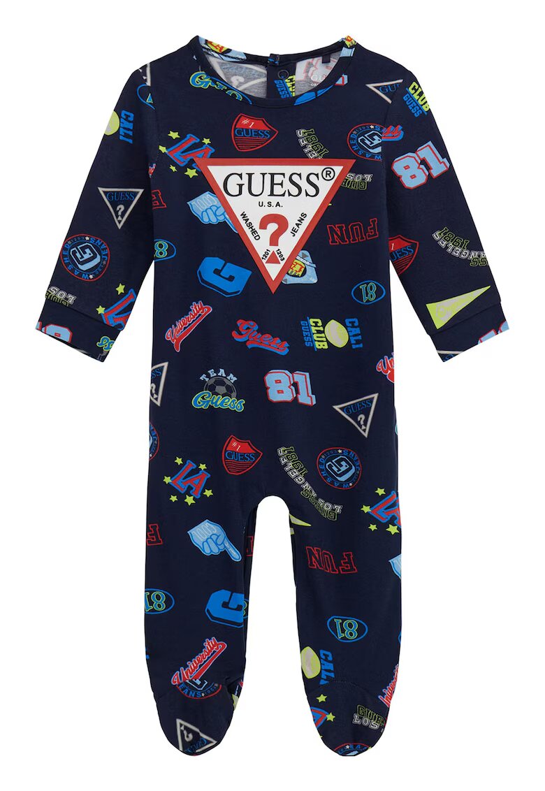GUESS KIDS Salopeta din amestec de bumbac cu botosei si imprimeu logo - Albastru ultramarin/Albastru royal/Verde fistic