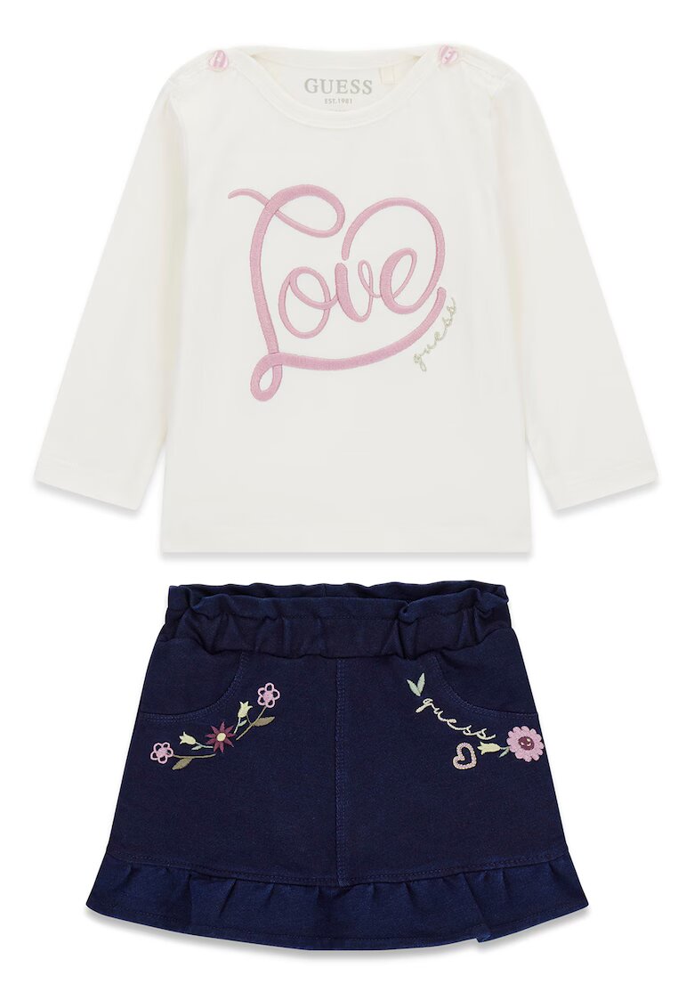 GUESS KIDS Set de bluza cu broderie text si fusta-pantalon - 2 Piese - Lila/Alb murdar/Bleumarin