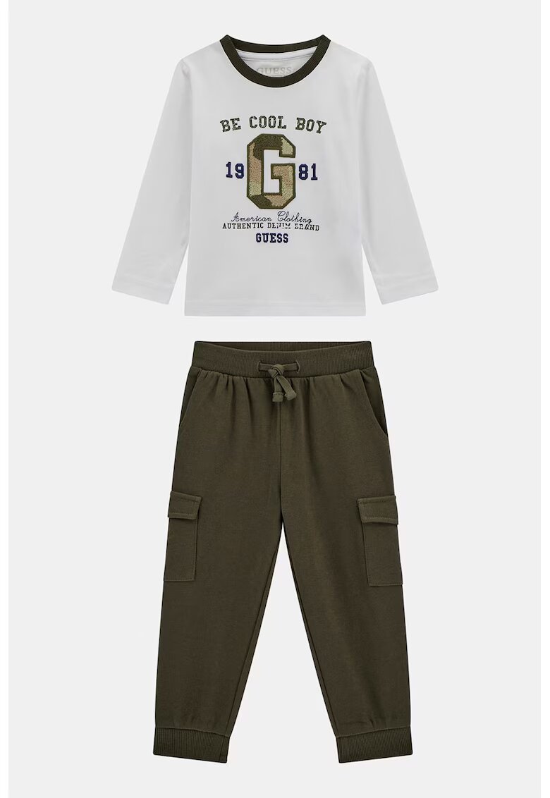 GUESS KIDS Set de bluza cu decolteu rotund si pantaloni cargo - 2 piese - Albastru inchis/Kaki/Alb optic