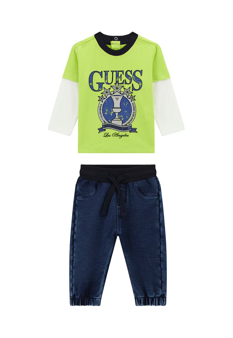 GUESS KIDS Set de bluza cu imprimeu logo si blugi - 2 piese - Alb/Verde lime/Albastru