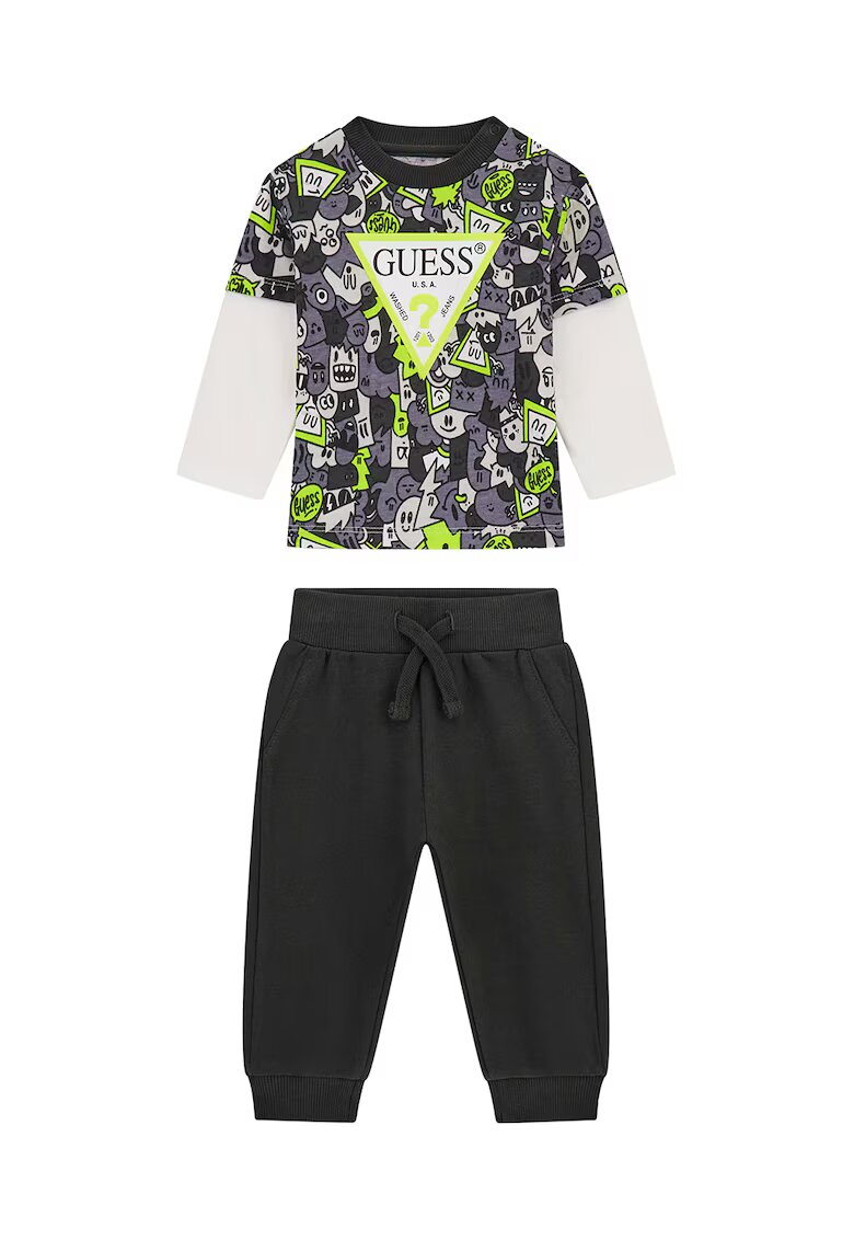GUESS KIDS Set de bluza de trening cu imprimeu logo si pantaloni de trening - 2 Piese - Alb/Verde lime/Gri antracit