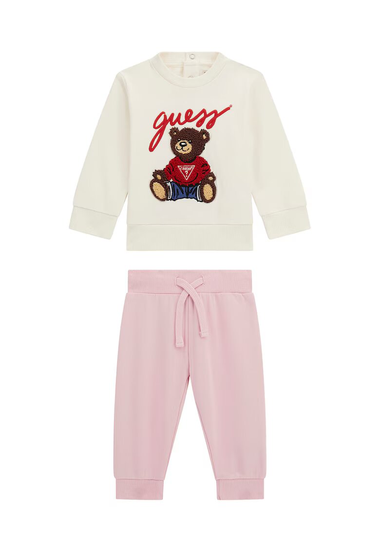 GUESS KIDS Set de bluza de trening si pantaloni cu aplicatie grafica - Alb fildes/Maro/Roz pastel
