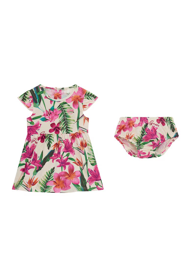 GUESS KIDS Set de chiloti si rochie cu croiala in A si imprimeu floral - 2 Piese - Verde/Roz/Crem