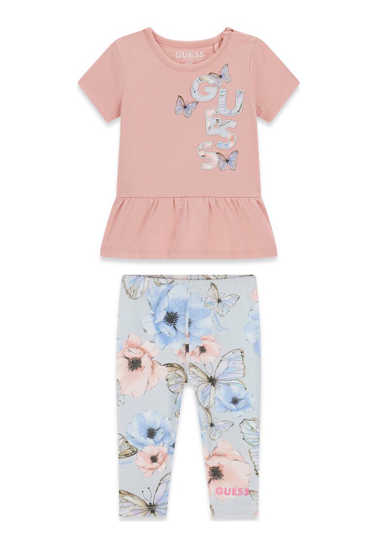 GUESS KIDS Set de colanti si tricou cu fluture - Albastru pastel/Roz prafuit