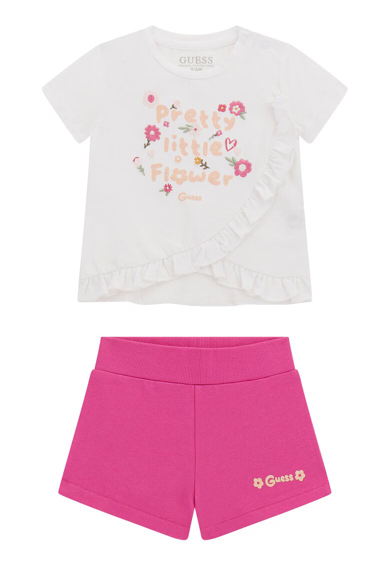 GUESS KIDS Set de pantaloni scurti si tricou din amestec de bumbac cu detalii brodate - 2 Piese - Alb/Roz