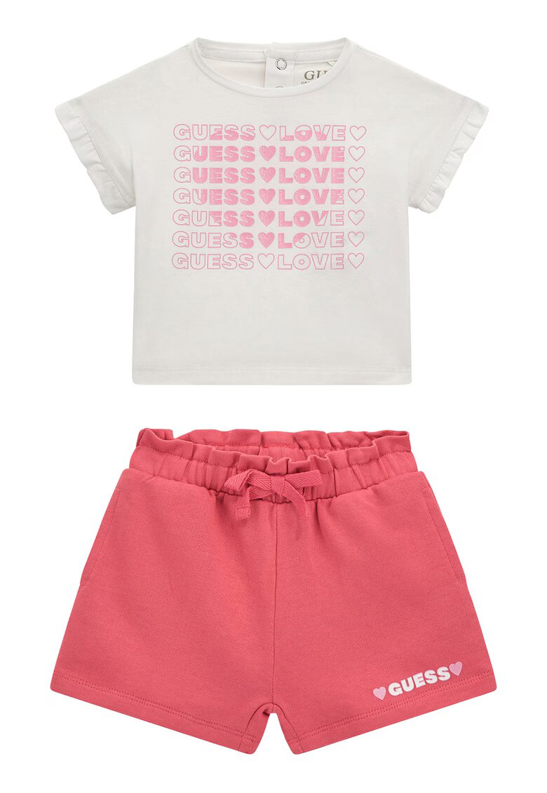 GUESS KIDS Set de pantaloni scurti si tricou din amestec de bumbac cu imprimeu logo - 2 Piese - Alb murdar/Roz