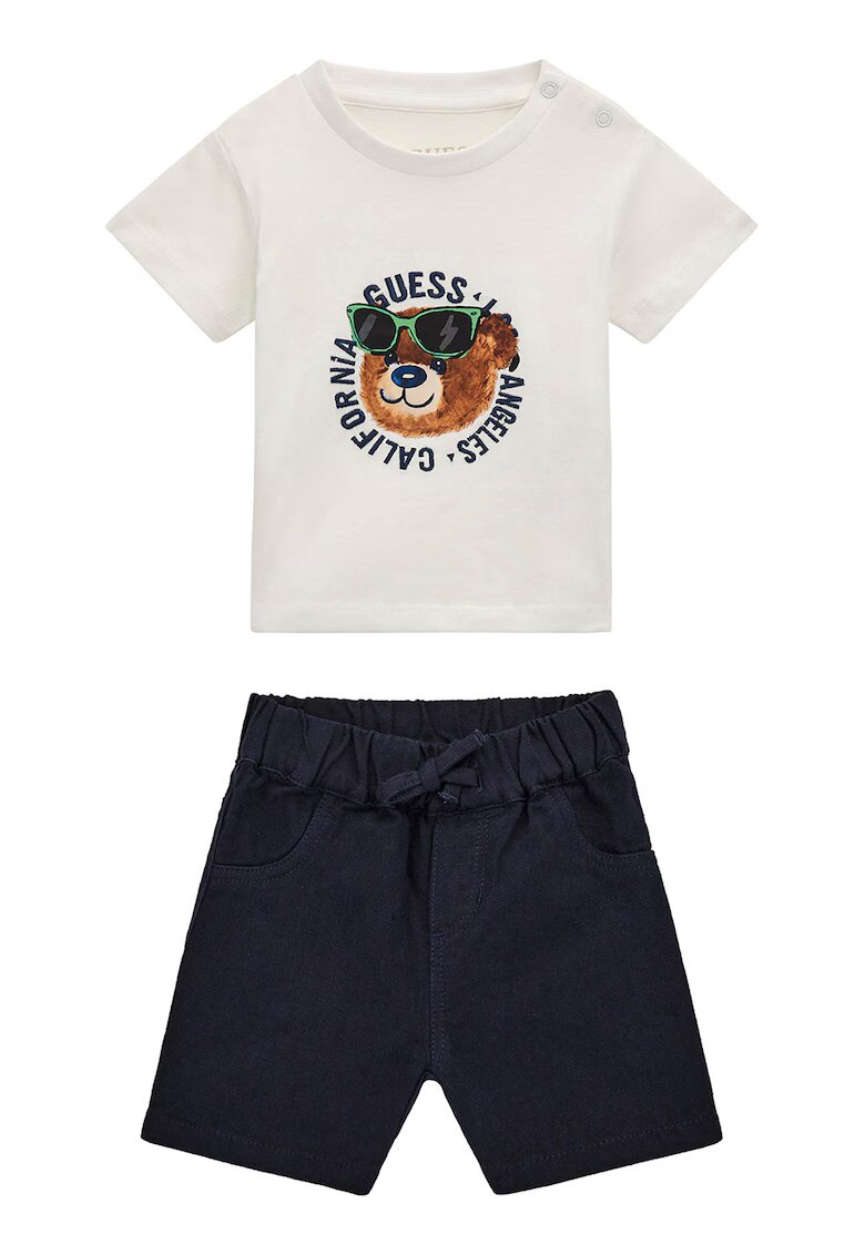 GUESS KIDS Set de pantaloni scurti si tricou din bumbac cu logo - 2 piese - Crem/Bleumarin