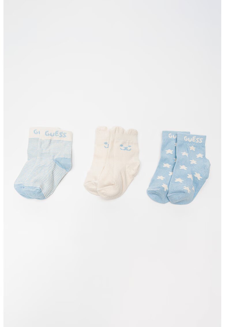 GUESS KIDS Set de sosete scurte - 3 perechi - Alb fildes/Albastru deschis
