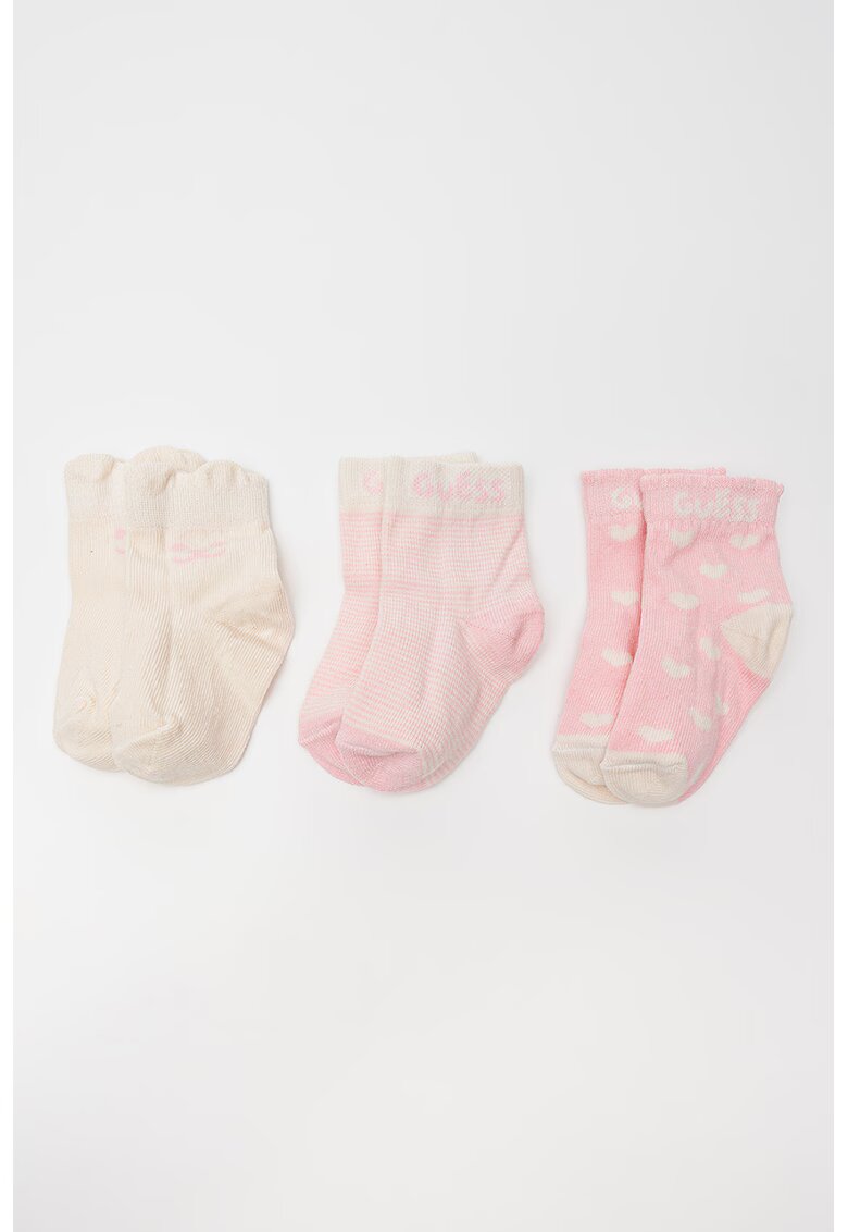 GUESS KIDS Set de sosete scurte - 3 perechi - Alb/Roz deschis