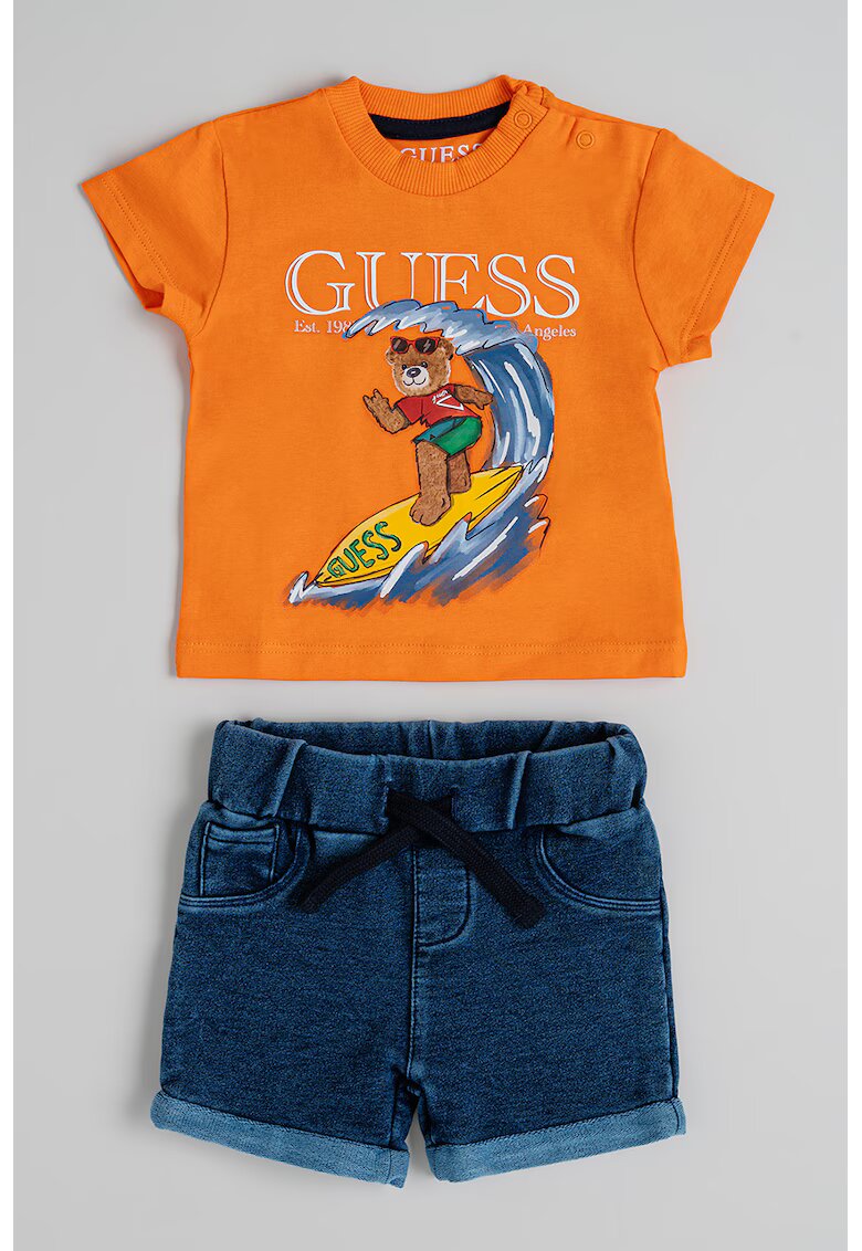 GUESS KIDS Set de tricou cu imprimeu grafic si blugi scurti cu model uni - 2 piese - Portocaliu/Albastru inchis