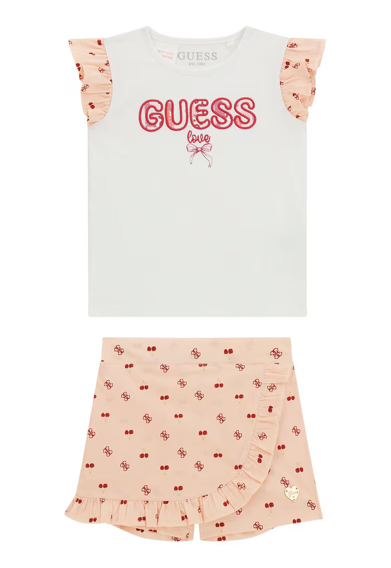 GUESS KIDS Set de tricou cu logo si fusta-pantaloni cu volane - Alb/Piersica