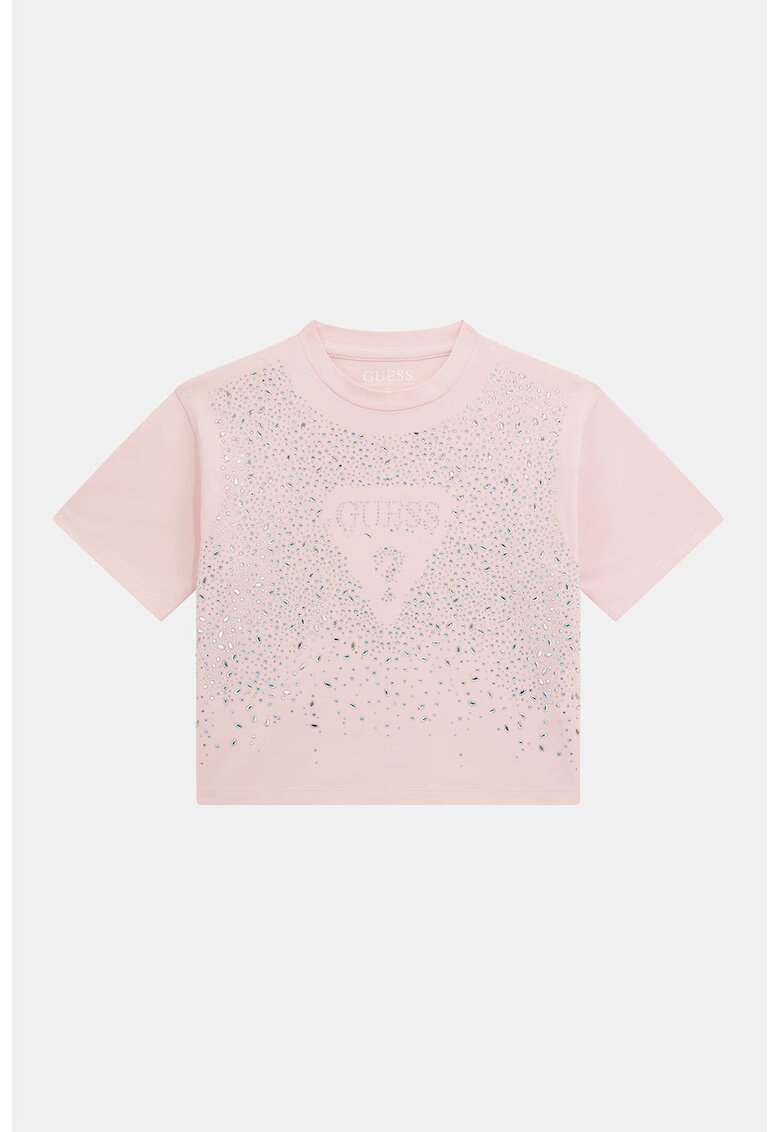 GUESS KIDS Tricou crop cu logo si strasuri - Roz/Argintiu