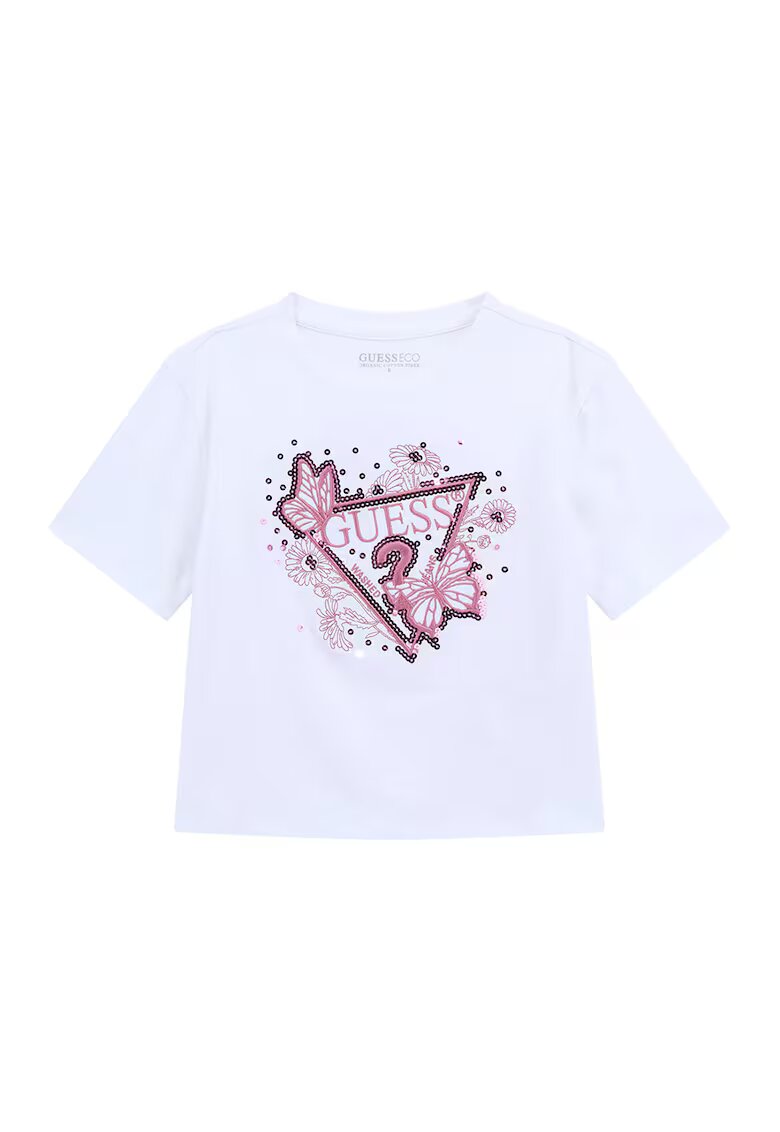 GUESS KIDS Tricou cu broderie logo si paiete - Alb/Roz deschis