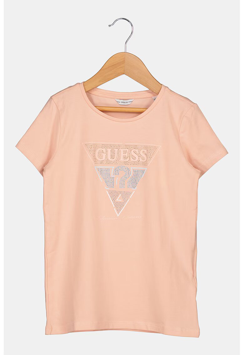 GUESS KIDS Tricou cu decolteu la baza gatului si aplicatie logo din strasuri - Roz somon