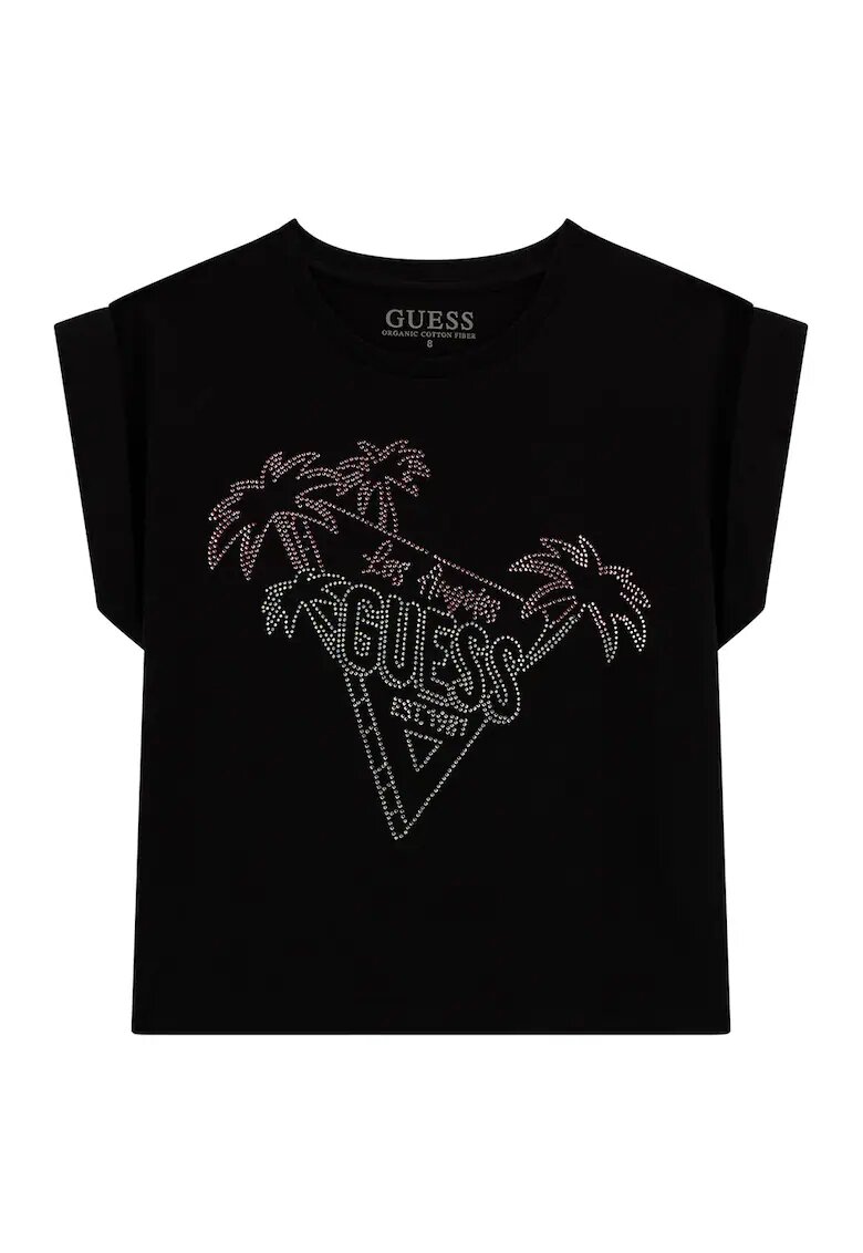 GUESS KIDS Tricou cu decolteu la baza gatului si aplicatii din strasuri - Negru