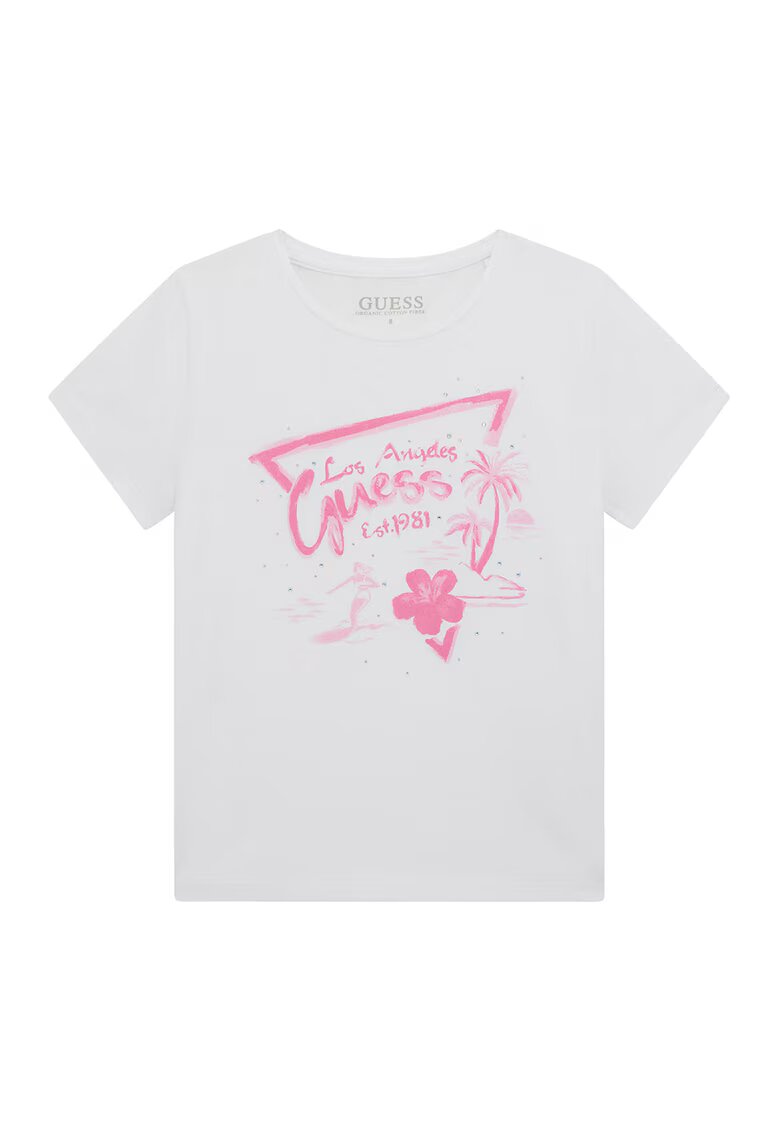 GUESS KIDS Tricou cu decolteu la baza gatului si imprimeu logo - Alb/Roz deschis