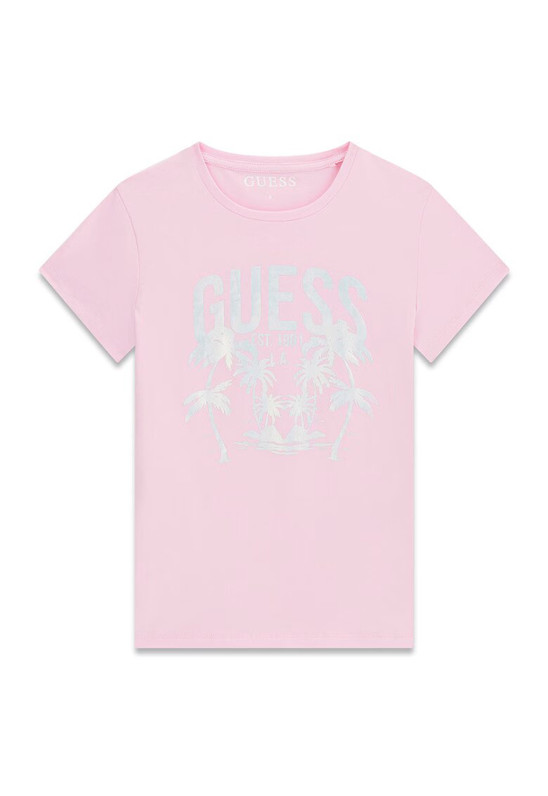 GUESS KIDS Tricou cu decolteu la baza gatului si imprimeu logo - Alb/Roz deschis