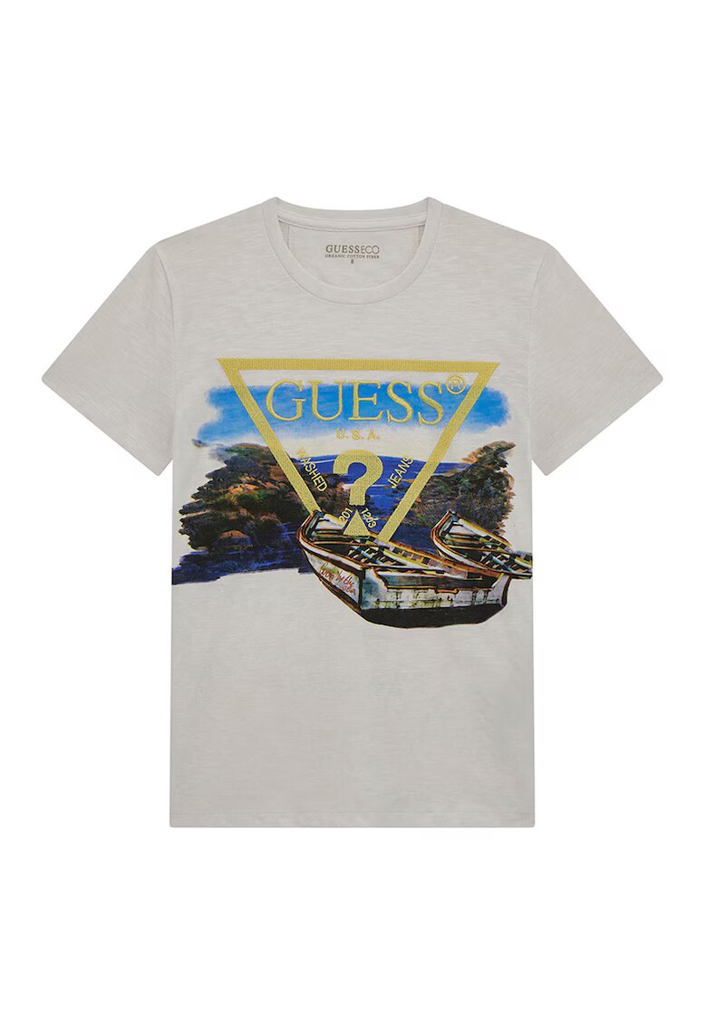 GUESS KIDS Tricou cu decolteu la baza gatului si imprimeu - Maro/Gri deschis/Albastru