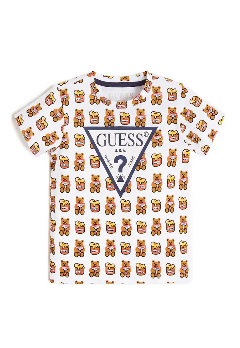 GUESS KIDS Tricou cu imprimeu si decolteu la baza gatului - Alb/Maro/Galben