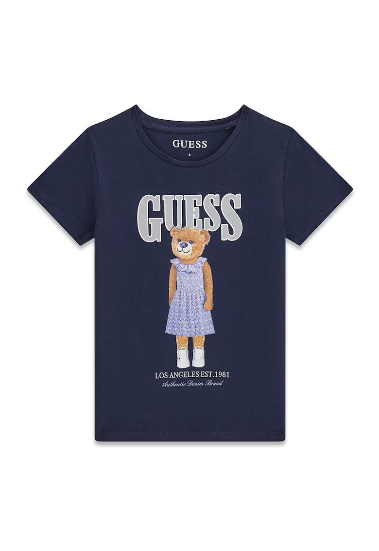 GUESS KIDS Tricou cu logo si imprimeu cu ursulet - Alb/Maro/Albastru ultramarin