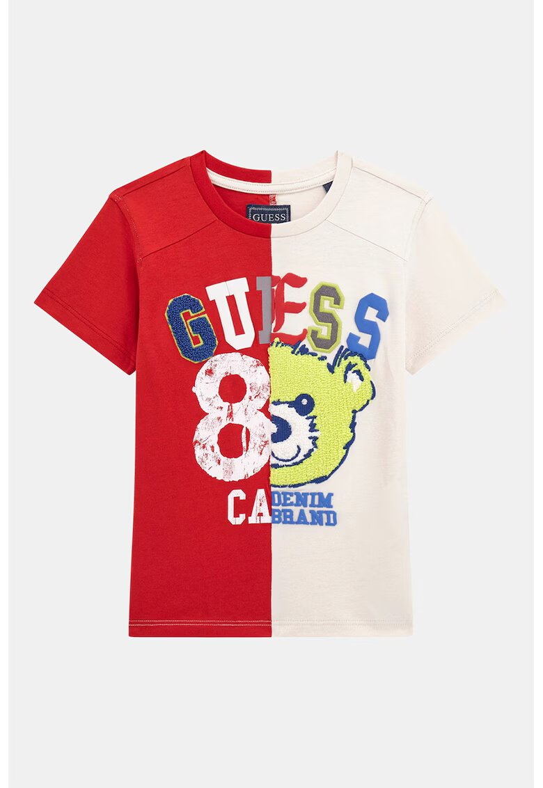 GUESS KIDS Tricou cu model in doua tonuri si logo - Rosu/Alb murdar/Verde fistic