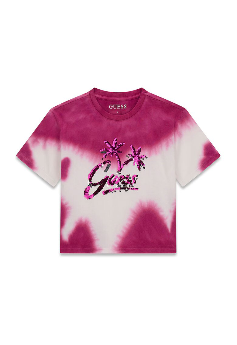 GUESS KIDS Tricou cu model tie-dye si imprimeu logo cu paiete - Alb/Visiniu
