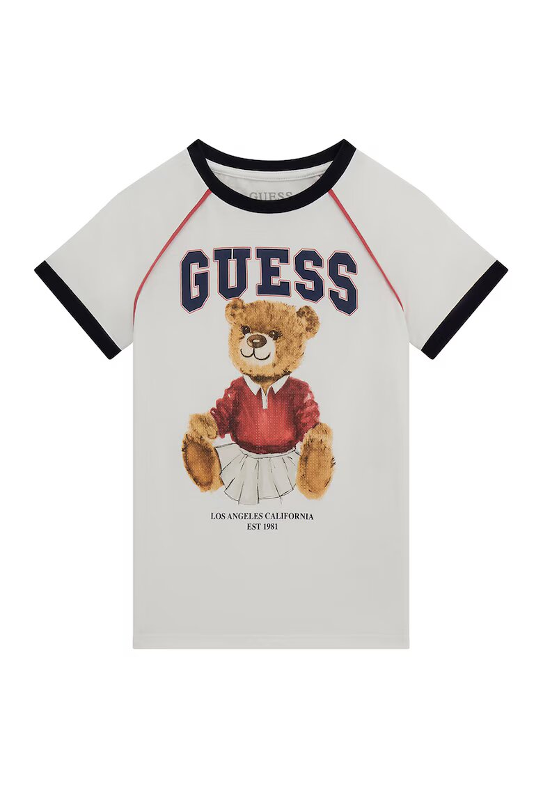 GUESS KIDS Tricou de bumbac cu maneci raglan - Alb fildes/Maro deschis/Bleumarin