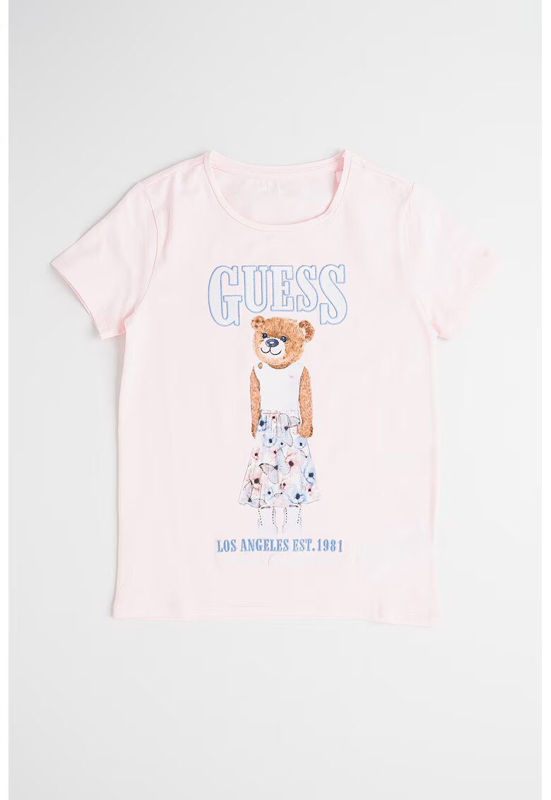 GUESS KIDS Tricou din amestec de bumbac cu logo si imprimeu grafic - Maro/Roz pal/Albastru