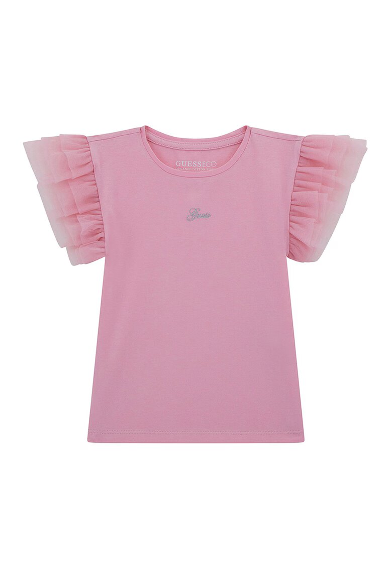 GUESS KIDS Tricou din amestec de bumbac cu maneci cu volane - Roz