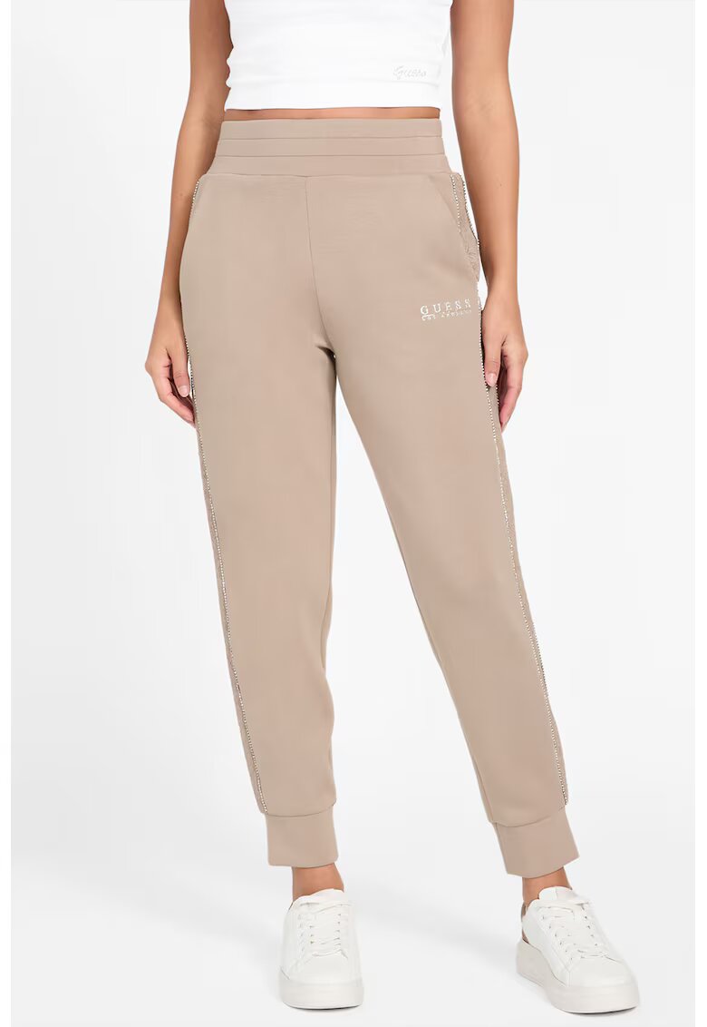 GUESS Pantaloni de trening cu croiala conica si detalii cu strasuri - Maro nisip