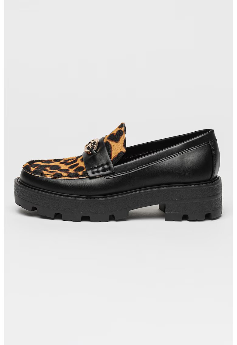 GUESS Pantofi loafer de piele si piele ecologica cu garnituri cu imprimeu - Maro inchis/Negru/Bej