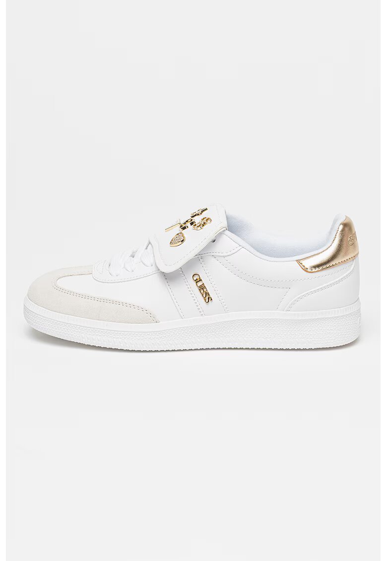 GUESS Pantofi sport de piele ecologica si piele intoarsa cu decoratii metalice - Alb/Auriu