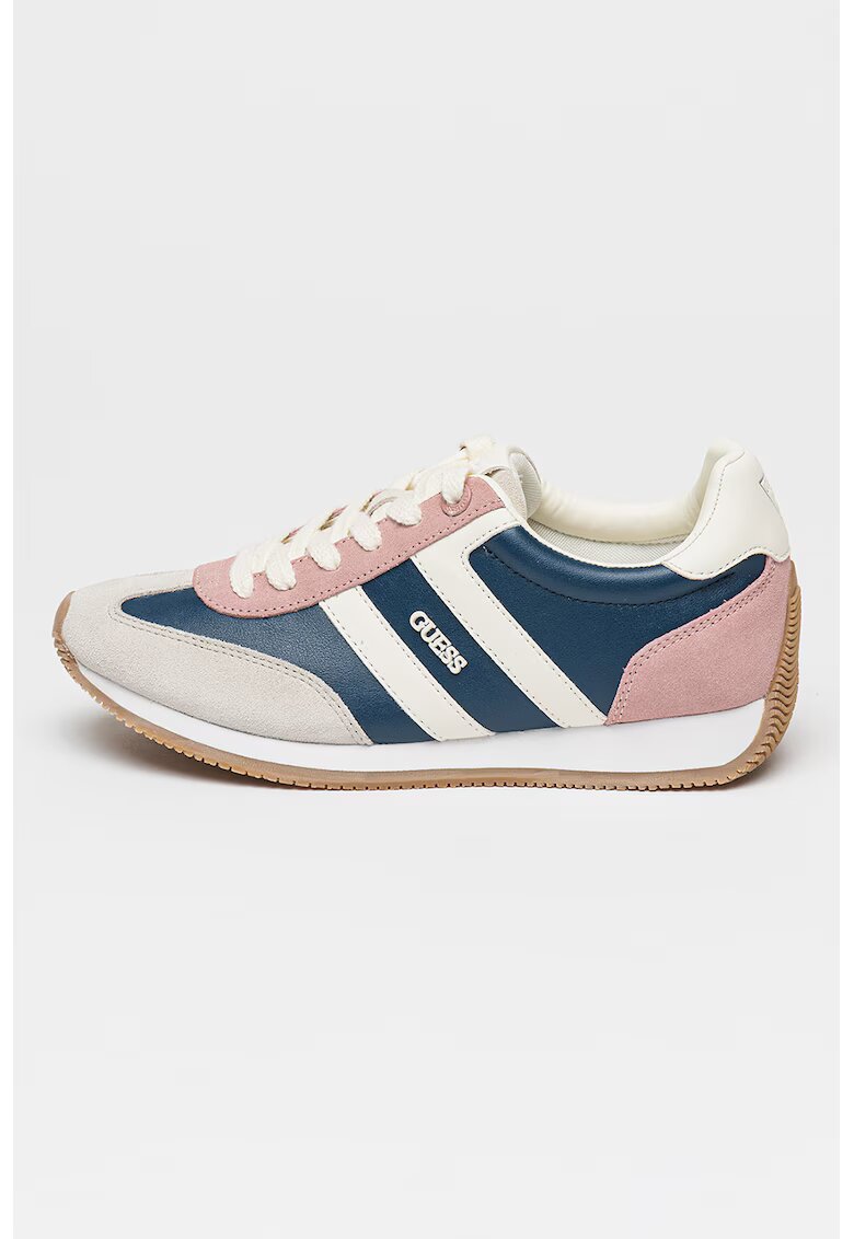 GUESS Pantofi sport de piele ecologica si piele intoarsa cu model colorblock - Alb fildes/Albastru inchis/Roz