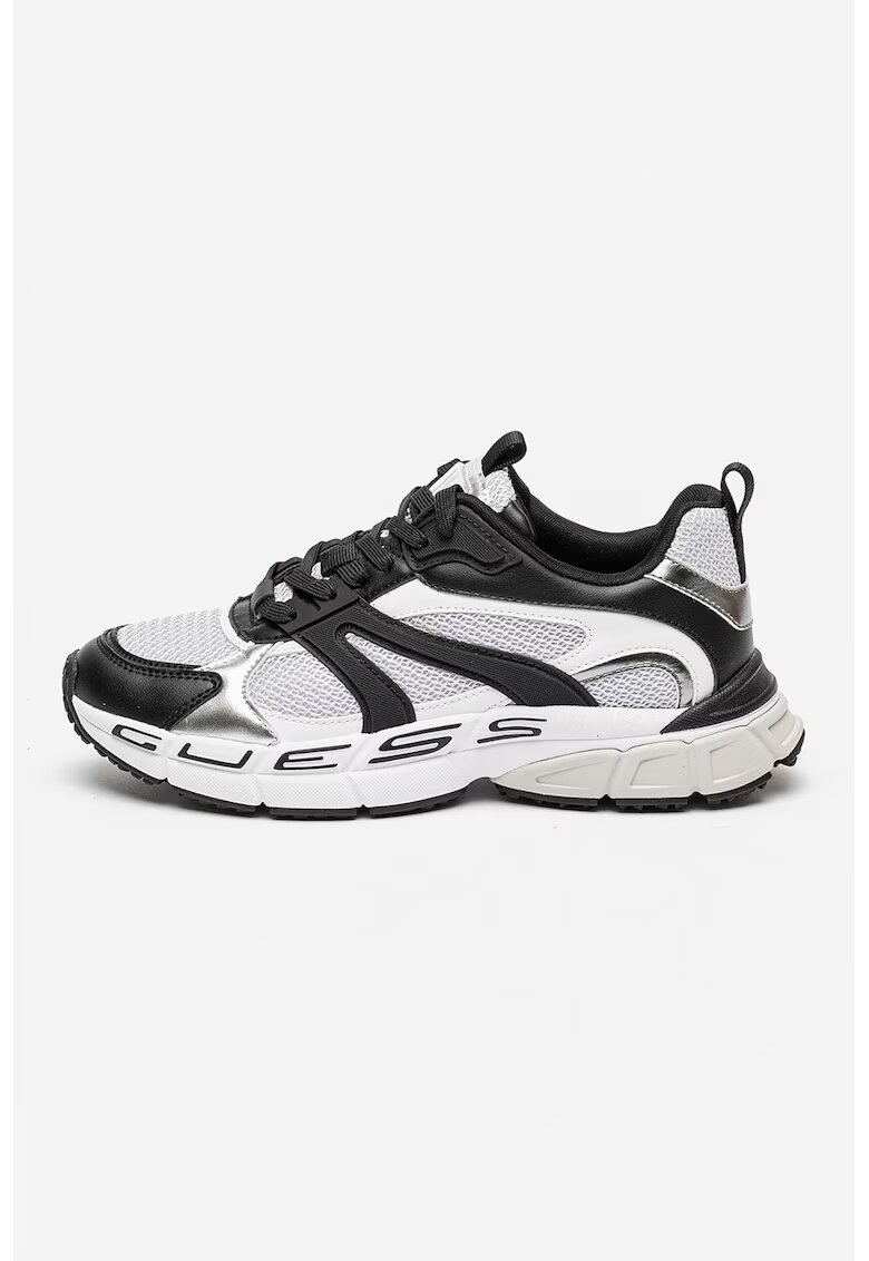 GUESS Pantofi sport low-cut cu garnituri de piele ecologica - Alb/Negru/Argintiu