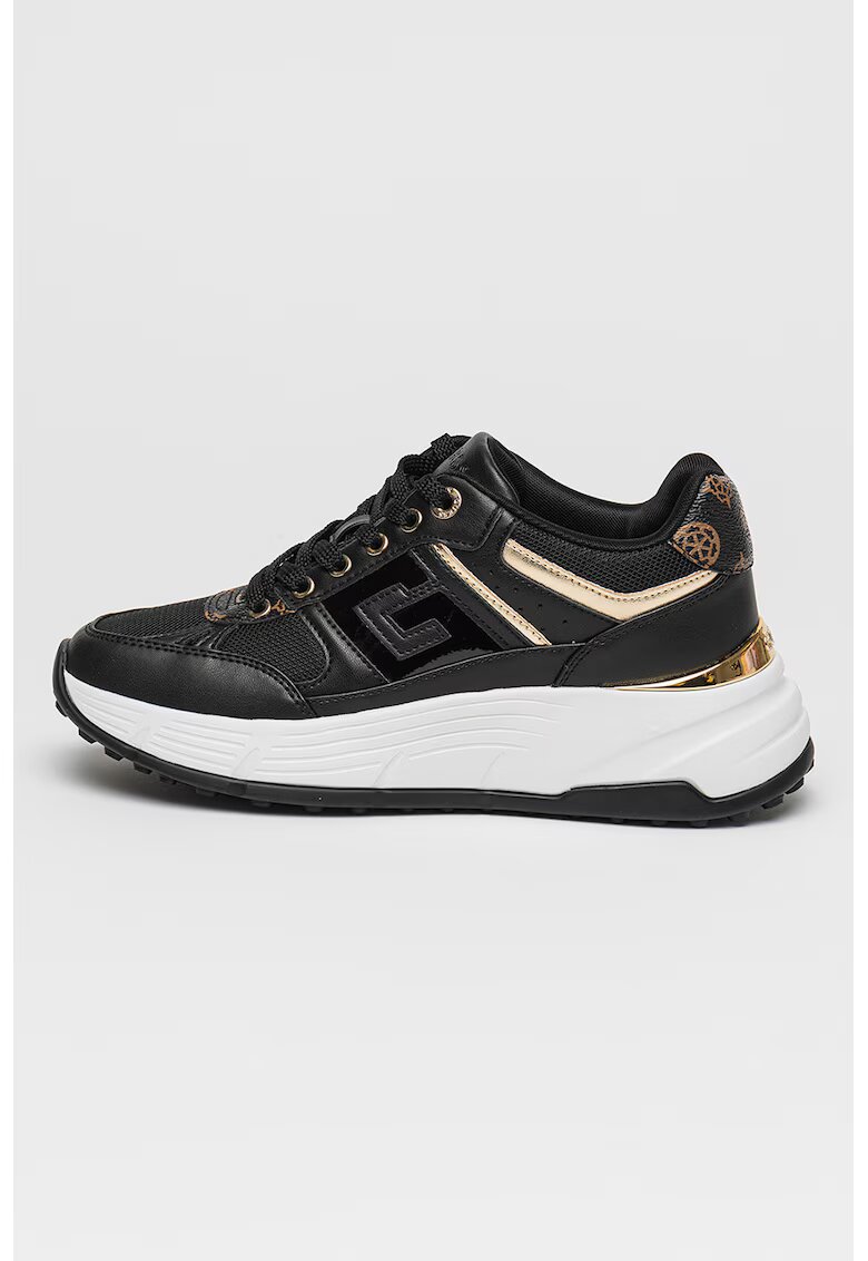 GUESS Pantofi sport wedge de plasa si piele ecologica - Auriu/Maro inchis/Negru