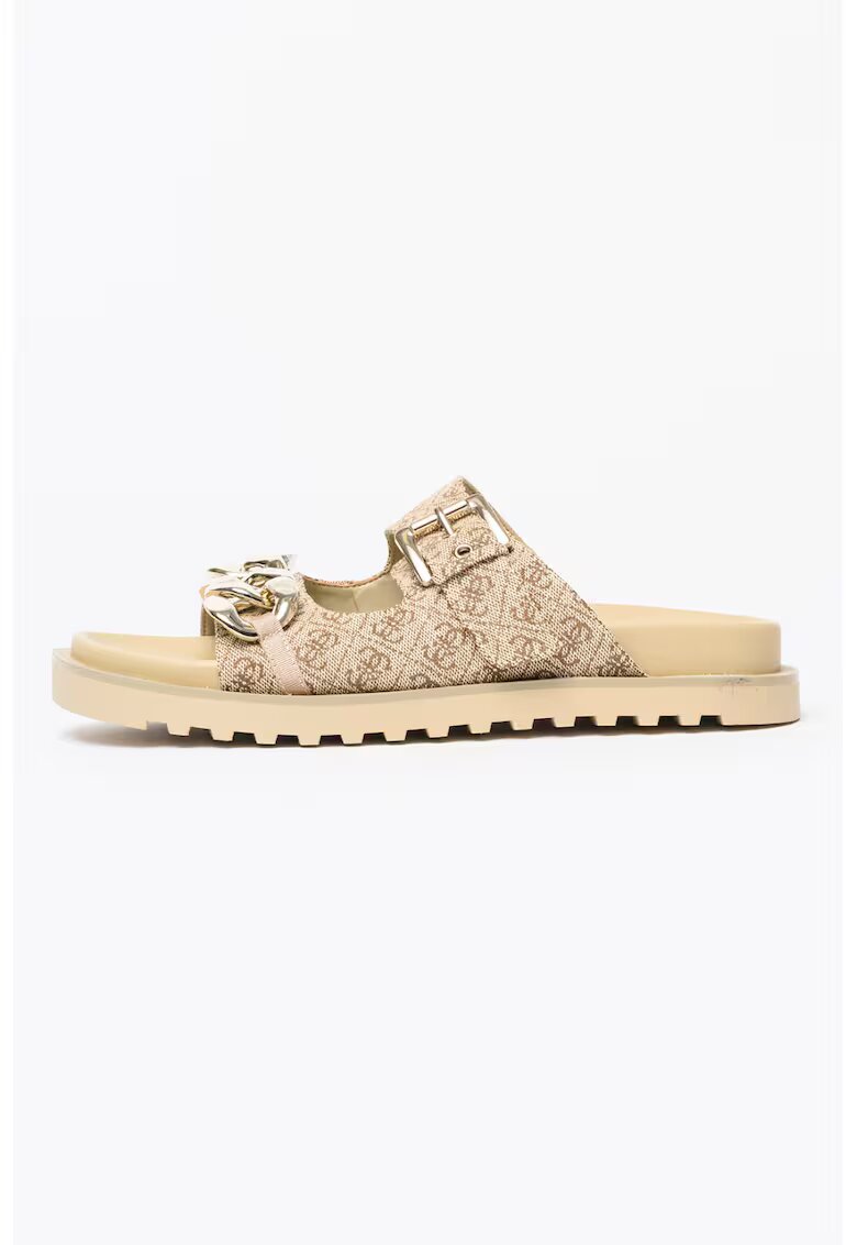 GUESS Papuci cu monograma si lant decorativ - Auriu/Maro deschis