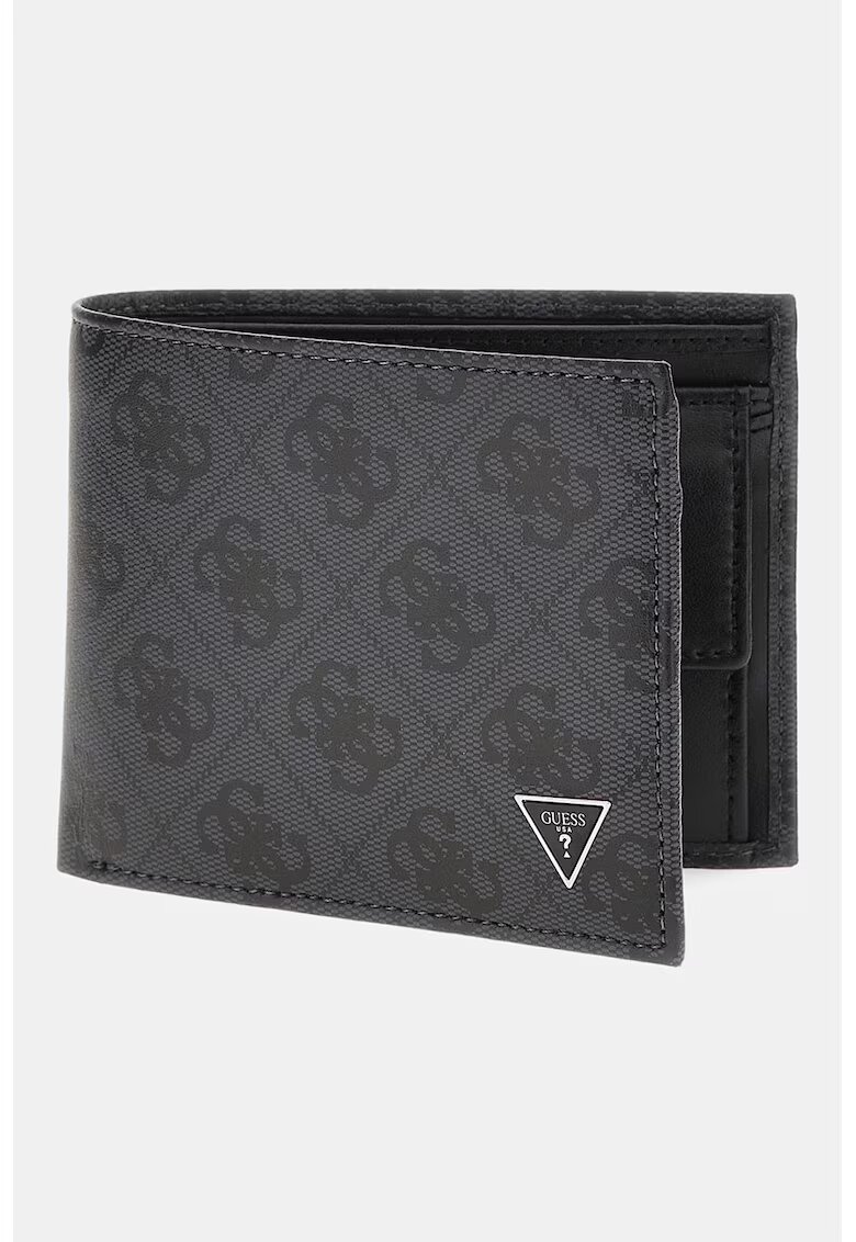 GUESS Portofel pliabil din piele cu imprimeu logo Milano - Negru/Gri carbune