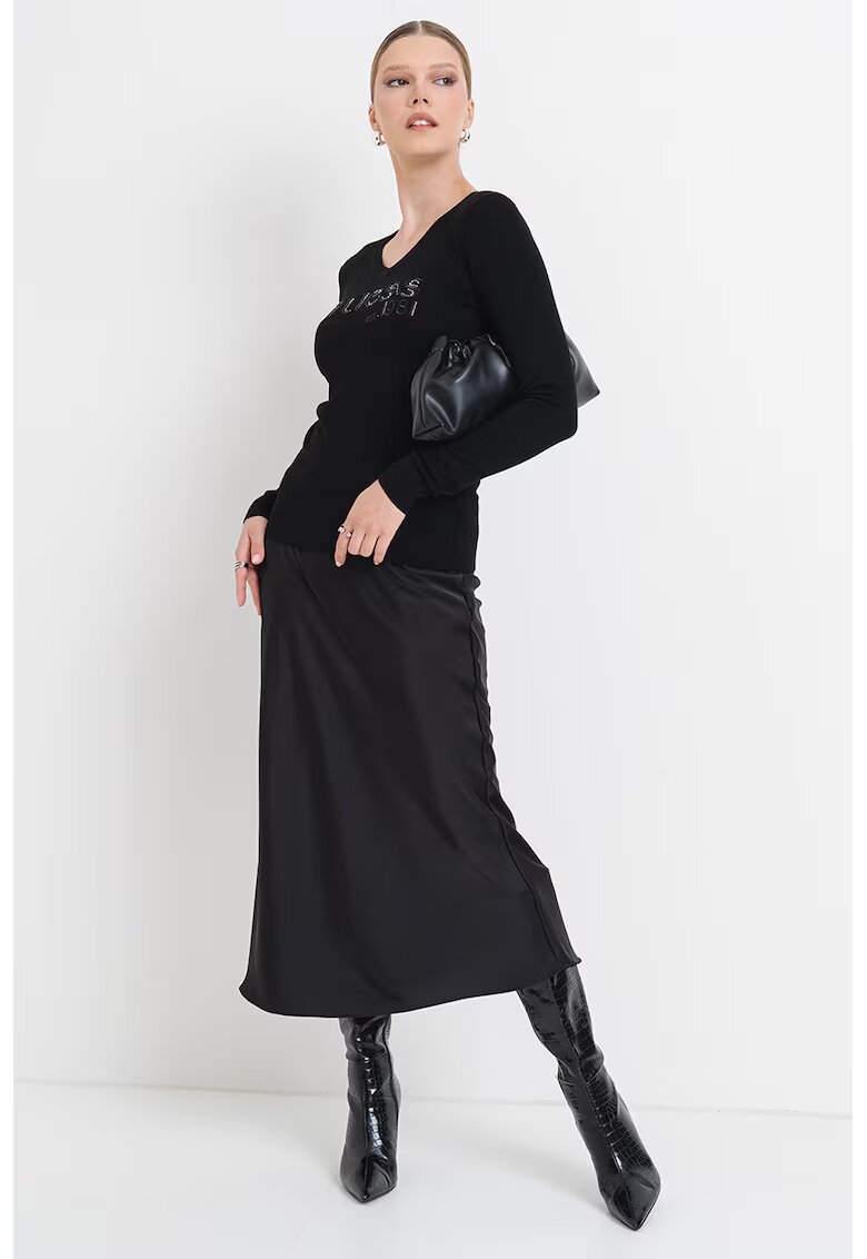 GUESS Pulover cu broderie logo si strasuri - Negru